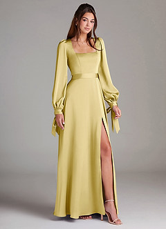Azazie Leonia Bridesmaid Dresses Lemon Sorbet A-Line Long Sleeve Stretch Satin Dress image3