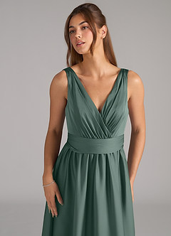 Azazie Kora At-home Try On Dresses Dusty Blue A-Line Pleated Stretch Satin Dress image7