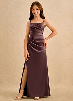 Azazie Cannoli Girls Formal Robe Demoiselle D'honneur Fillette Robe Trapèze en Mat Satiné Plissée Expresso image3