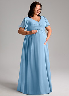 Azazie Verna Zwangerschaps Bruidsmeisjekleding A-Lijn V-hals Gerimpeld Chiffon Vloerlengte Jurk image10
