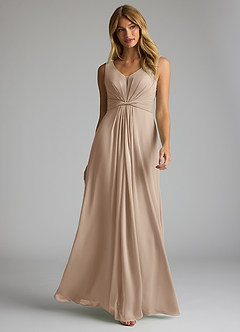 Azazie Gina Final Sale Taupe A-Line V-Neck Pleated Chiffon Dress image1