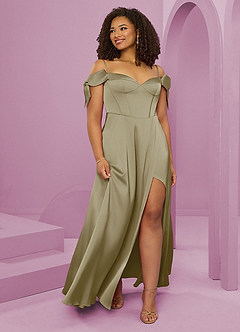 Barbie ♥ Azazie Bridesmaid Dresses Moss Green A-Line Off the Shoulder Stretch Satin Dress image10