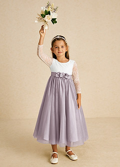 Azazie Mae vestidos de niña de las flores Vestido de Marfil Anochecer de Tul de Corte En A con Lazo image4