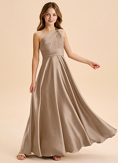 Azazie Charlize Junior Taupe A-Line Pleated Stretch Satin Dress image5