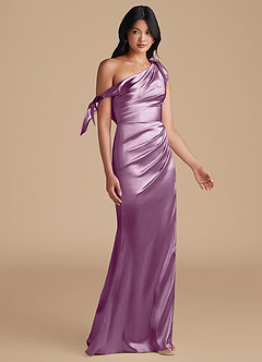 Azazie Xyla Bridesmaid Dresses Wisteria Sheath Off the Shoulder Metallic Satin Convertible Dress image7