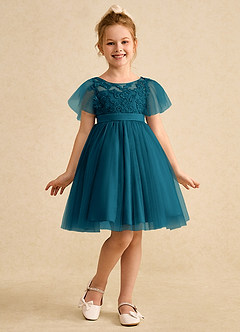Azazie Queenie Flower Girl Dresses Ink Blue A-Line Lace Dress image3
