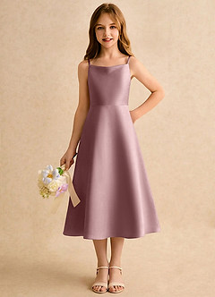 Azazie Jaella Sukienki dla dziewczynek sypiących kwiaty Linia A Pofałdowany Matowy satynowy Długość herbaty Sukienka image5