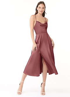 Azazie Ceci Final Sale Terracotta A-Line Side Slit Stretch Satin Dress image1