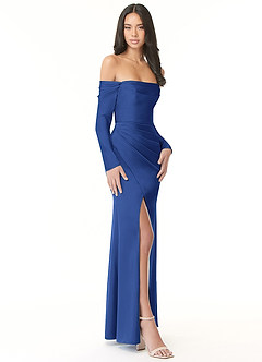 Azazie Hallie Bridesmaid Dresses Royal Blue Sheath Off-The-Shoulder Long Sleeve Stretch Satin Convertible Dress image5