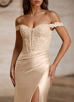 Linange Champagne Off-Shoulder Lace Corset Satin Slit Gown image5