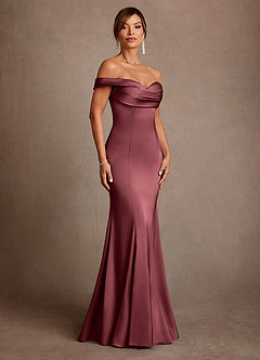 Azazie Boone Mother of the Bride Dresses Merlot Mermaid Off the Shoulder Stretch Satin Dress image1