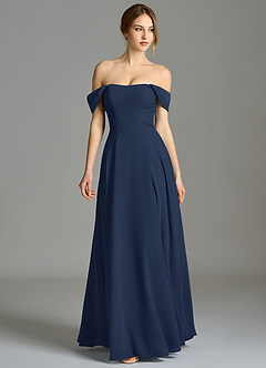 Azazie Oasis Vente finale Robe Trapèze en Mousseline de soie avec poches Bleu Marine Foncé image5