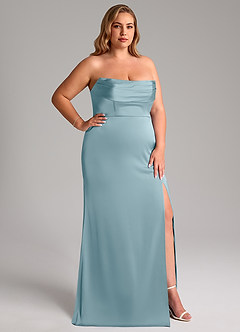 Azazie Saige Vestidos de damas de honor Vestido de Azul Malhumorado de Satén Elástico de Corte Recto con Vestidos sin tirantes image17