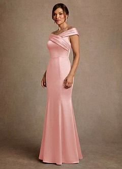 Azazie Aberdeen Mother of the Bride Dresses Powder Pink Sheath Pleated Stretch Satin Dress image3