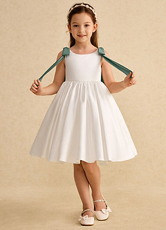 Azazie Stacie Flower Girl Dresses Ivory Eucalyptus A-Line Bow Matte Satin Dress image4
