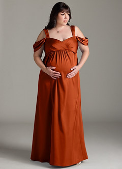 Azazie Rhea Maternity Bridesmaid Dresses A-Line Off-The-Shouler Pleated Stretch Satin Floor-Length Dress image8