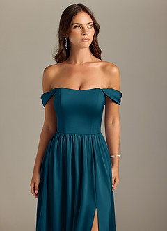 Azazie Calianna Bridesmaid Dresses Ink Blue A-Line Off the Shoulder Stretch Satin Convertible Dress image4