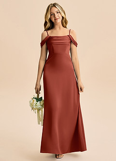 Azazie Lettie Junior Linia A Zza ramienia Satyna elastyczna Długość podłogi Młodsza druhna Sukienka image2