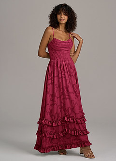 Azazie Lettie Bridesmaid Dresses Burgundy A-Line Corset Floral Burnout Dress image3