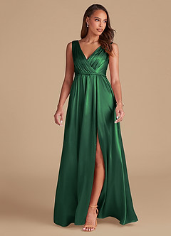 Azazie Tanicia Bridesmaid Dresses Dark Green A-Line Pleated Metallic Satin Dress image3