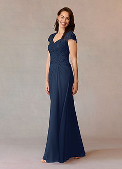 Azazie Junie Mère de la mariée Robes Robe Trapèze en Mousseline de soie Dentelle Bleu Marine Foncé image3