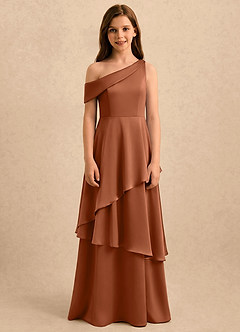 Azazie Shyloh Girls Formal Robe Demoiselle D'honneur Fillette Robe Trapèze en Satin extensible Épaule décolletée Cuivre image1