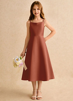 Azazie Jaella Girls Formal Blomsterpigekjoler A-Line Plisseret Mat satin Te-længde Kjole image5