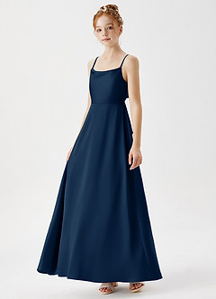 Azazie Shale Junior Dark Navy A-Line Stretch Satin Dress image2