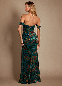 Azazie Cali Moeder van de bruid jurken Kolom Jurk van Paisley Velvet Burnout Off the Shoulder Blauwgroen Multi image3
