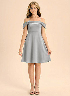 Azazie Anselie Junior Jurk van Stretch Satijn met A-Lijn Geplooid Zilver image3