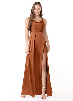 Azazie Naomie Bridesmaid Dresses Copper A-Line Cowl Neckline Side Slit Stretch Satin Dress image1