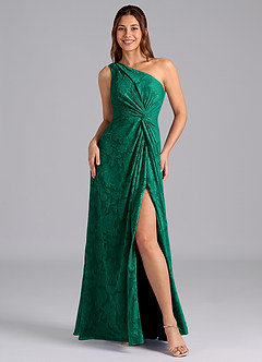Azazie Brooke Bridesmaid Dresses Emerald A-Line One Shoulder Floral Burnout Dress image4