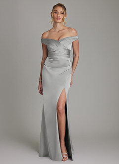 Azazie Teyana Bridesmaid Dresses Silver Sheath Off the Shoulder Stretch Satin Dress image4