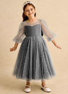 Azazie Trudy 플라워 걸 드레스 볼가운 스윗하트 네크라인 얇실버 명주 그물 티 길이 드레스 image3