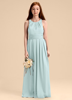 Azazie Bibiane Junior Abito A-Line in Raso Elasticizzato Plissettato Sea Glass image6