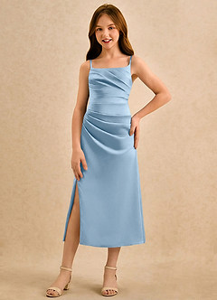 Azazie Canna Girls Formal Flower Girl Dresses Powder Blue A-Line Pleated Stretch Satin Dress image4