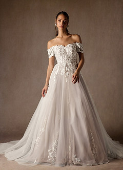 Azazie Rowe Wedding Dresses Diamond White Caramel Ball-Gown Off the Shoulder Tulle Dress image1