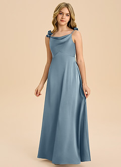 Azazie Gumdrop Junior Dusty Blue Empire Pleated Stretch Satin Dress image3