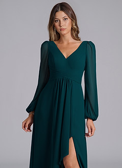 Azazie Omari Bridesmaid Dresses Pine A-Line Long Sleeve Chiffon Dress image7