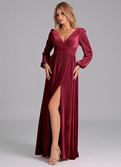 Azazie Norah Bridesmaid Dresses Burgundy A-Line Long Sleeve Velvet Dress image4