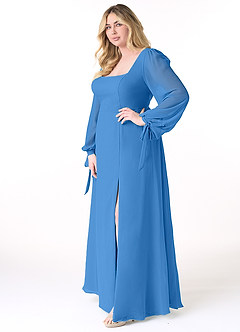 Azazie Leonia Bridesmaid Dresses Blue Jay A-Line Long Sleeve Chiffon Dress image10