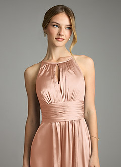 Azazie Bonnie Bridesmaid Dresses Rose Gold A-Line Pleated Stretch Satin Dress image2