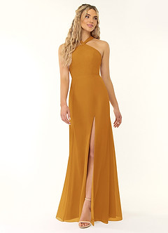 Azazie Rue Bridesmaid Dresses Butterscotch A-Line Halter Chiffon Dress image1