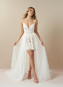 Azazie Maylie At-home Try On Dresses Diamond White Champagne Lace Tulle Dress image3