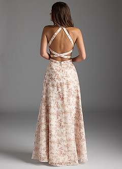 Azazie Clarice Bridesmaid Dresses Pink Fern Floral A-Line Halter Chiffon Dress image4
