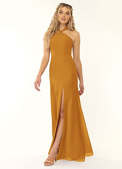 Azazie Rue Bridesmaid Dresses Butterscotch A-Line Halter Chiffon Dress image4