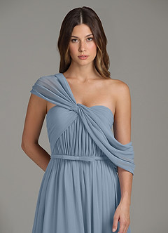 Azazie Nyah Robes à essayer chez vous Robe Trapèze en Mousseline de soie Épaule décolletée Bleu Poussiéreux image7