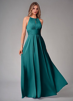 Azazie Bonnie Robes de demoiselle d'honneur Robe Trapèze en Satin extensible Plissée Paon image1