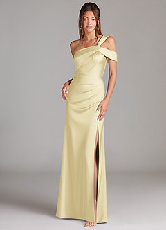 Azazie Wynter Bridesmaid Dresses Lemon Sorbet Sheath One Shoulder Stretch Satin Dress image1