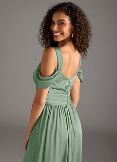 Azazie Lianne Robes de demoiselle d'honneur Robe Trapèze en Satin extensible Épaule décolletée Matcha image4